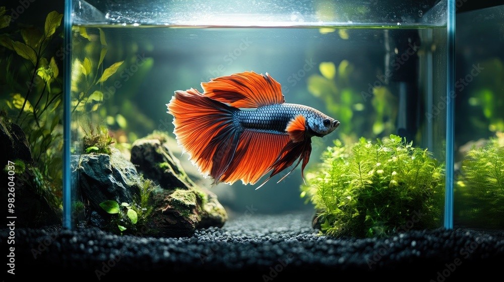 Poster a betta fish in a beautifully arranged tank with clear, open space around it. the unobstructed backg