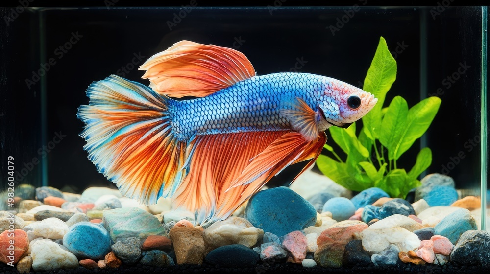 Poster a betta fish with a vibrant display of colors in a simple tank setting. the clear background around 