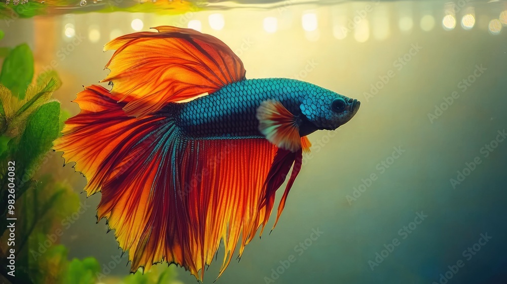Poster a betta fish with a vibrant display of colors in a simple tank setting. the clear background around 
