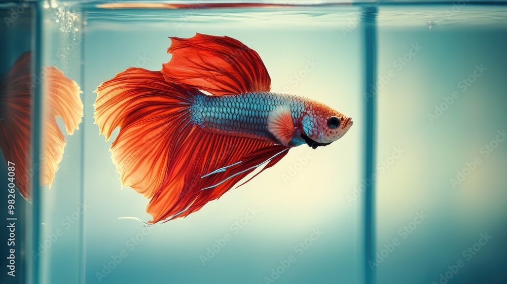 Poster a betta fish with a vibrant display of colors in a simple tank setting. the clear background around 