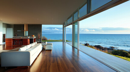 Fototapeta premium A large open living room with a view of the ocean