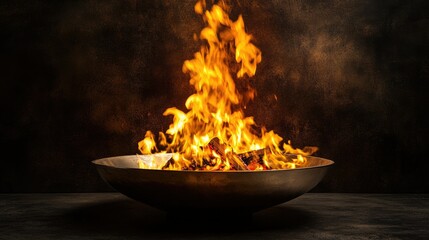 A blazing fire in a metal fire bowl with a clear, dark backdrop. The open area around the flames creates a dramatic and versatile space for copy.
