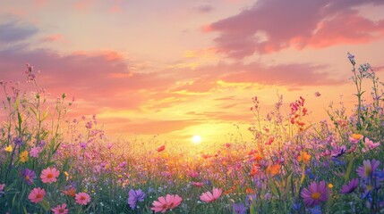 Sun Setting Over a Field of Wildflowers
