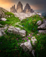 Sunset at Tre Cime di Lavaredo National Park, Drei Zinnen, Trentino Alto Adige, South Tyrol, Dolomites mountains, Italy