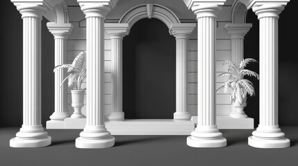 Obraz premium Elegant white columns and arches create a classic architectural scene, perfect for backgrounds and interior design inspiration.