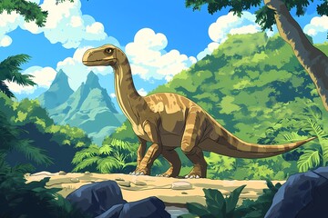 A dinosaur standing on a mountain path in a prehistoric landscape.