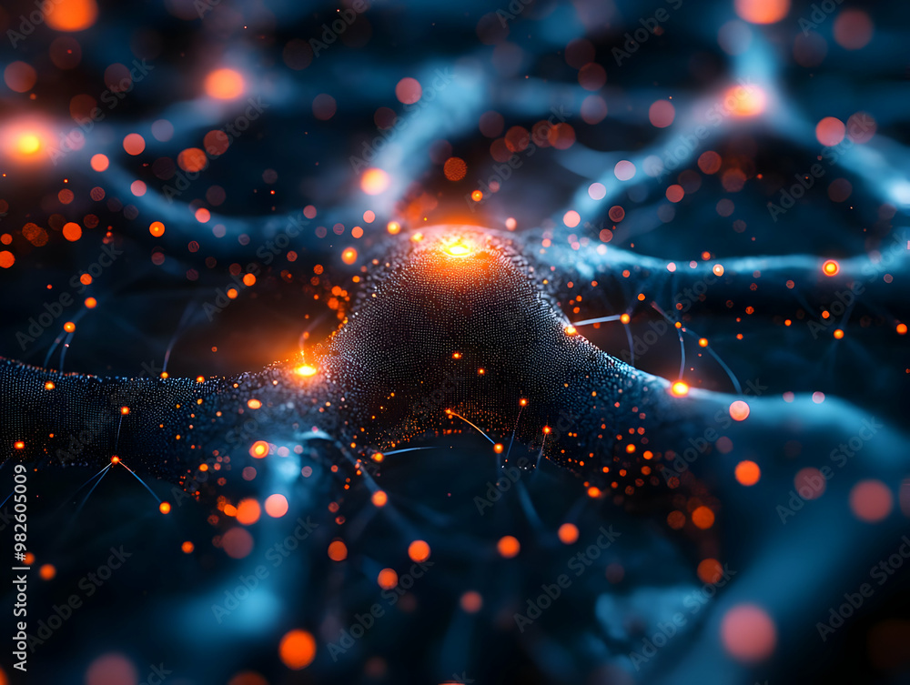 Poster abstract close-up of a network structure, showcasing glowing nodes and connections, representing tec