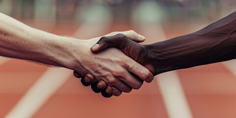 A handshake between two athletes of different races, symbolizing unity and respect in sports