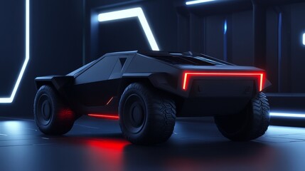 Fototapeta premium Futuristic electric vehicle parked in a neon-lit environment, showcasing sleek design and advanced technology.