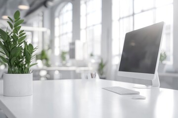 A modern white workspace with copy space against a blurred modern white office as a background. with generative ai