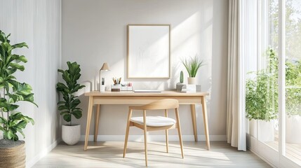 Fototapeta premium A bright Nordic-style home office with a simple desk, light wood furniture, and clean lines. The blank wall behind the desk offers ample space for copy.