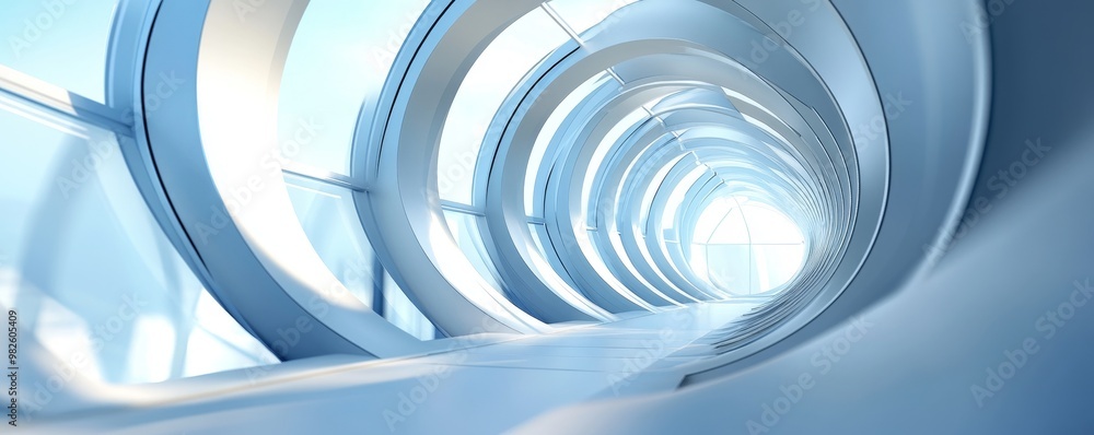 Poster futuristic tunnel design featuring smooth curves and soft blue light, creating a modern and serene a