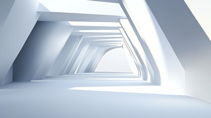 Fototapeta premium Futuristic white corridor with abstract geometric shapes and smooth lines, ideal for modern architecture and design concepts.