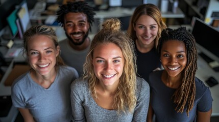Collaborative Diversity Showcased in Office Setting: Five Individuals United by Smiles, Embracing Cultural Differences. Highlighting Cultural Diversity and Team collaboration concept. 