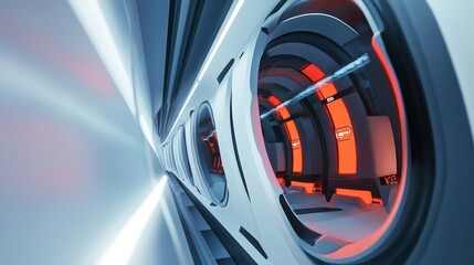 Fototapeta premium Futuristic tunnel design with glowing red lights, showcasing advanced technology in a sleek and modern environment.