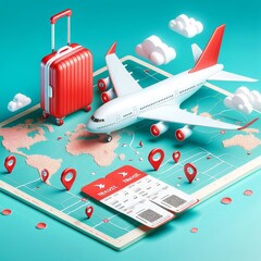 Tourism banner airplane, passport, tickets, suitcases. Concept holiday flights, tourism, travels