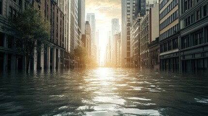 Fototapeta premium A city street flooded due to heavy rainfall and rising sea levels. The large, open spaces around the flood provide room for text on climate impact.