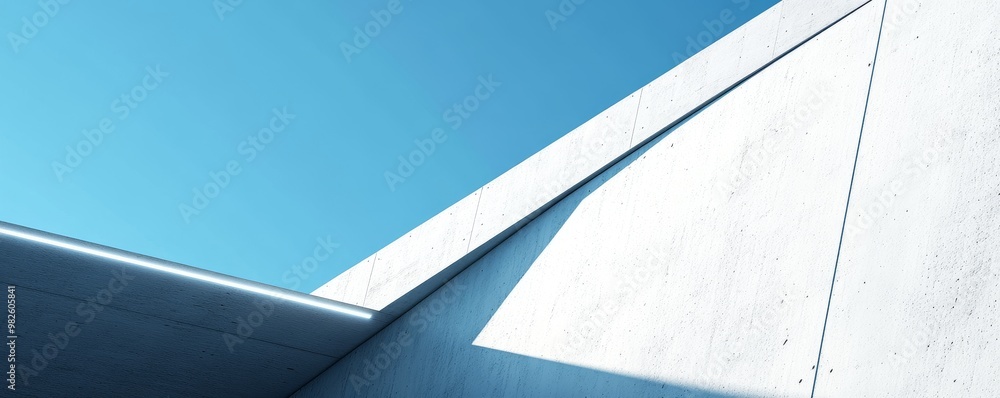Poster minimalist architectural design featuring sharp angles and a bright blue sky, creating a serene and 