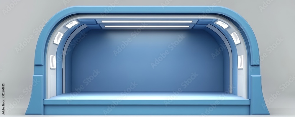 Poster minimalist blue showcase with soft lighting, perfect for displaying products or art in a modern sett