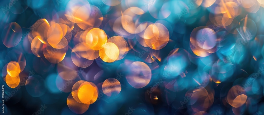 Poster colorful soft circular bokeh overlay for use to enhance images with copy space on a deep twilight bl