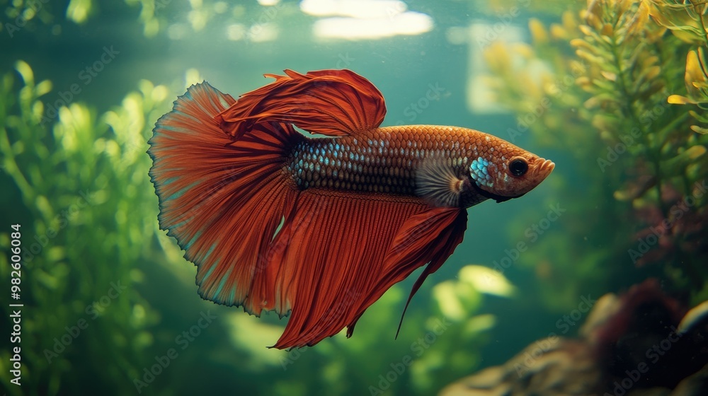 Poster a close-up of a betta fish with its fins extended in a tank. the surrounding water and background ar