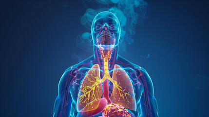 Anatomy of lungs highlighted with skeleton on a black background. 3D Illustration holographic