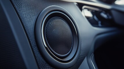 Fototapeta premium A close-up of a car door panel with a high-quality speaker installed. The sleek design and ample blank space around the speaker make room for copy.