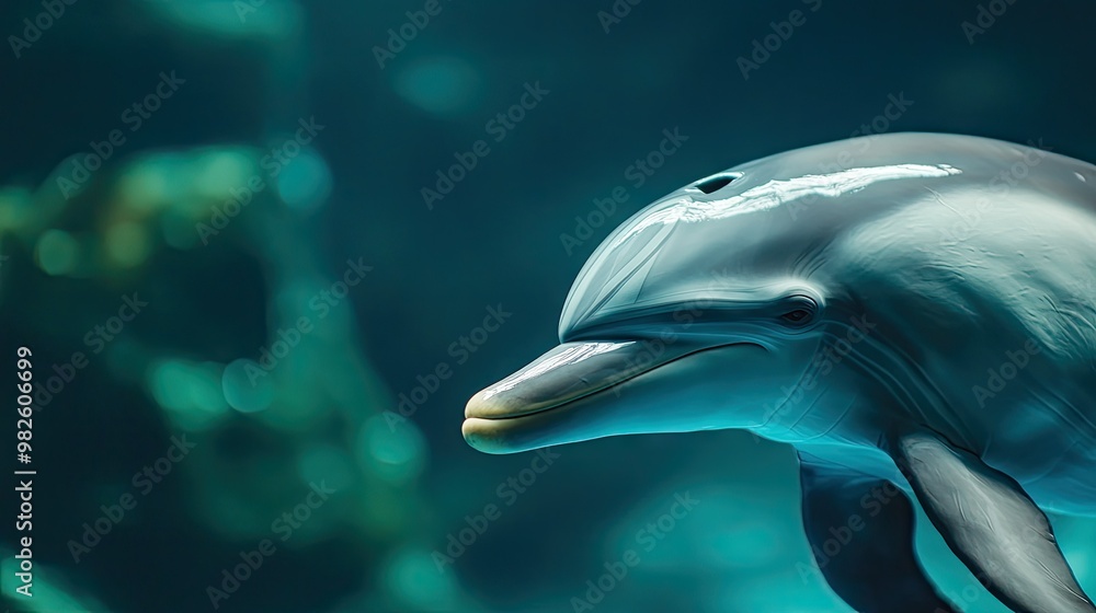 Poster a close-up of a dolphin's streamlined body with a blurred underwater background. the open space arou