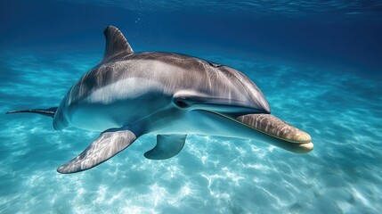 Obraz premium A close-up of a dolphin's face and sleek body swimming gracefully in clear water. The unobstructed background provides a perfect area for copy.