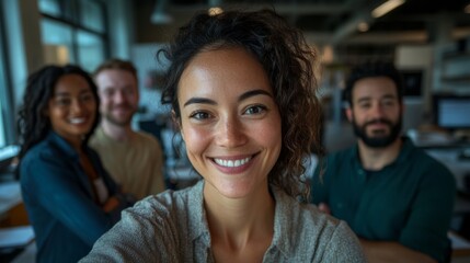 Obraz premium Collaborative Diversity Showcased in Office Setting: Five Individuals United by Smiles, Embracing Cultural Differences. Highlighting Cultural Diversity and Team collaboration concept. 