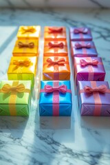 Fototapeta premium A row of rainbow-hued gift boxes with bows, perfectly aligned on a marble surface.
