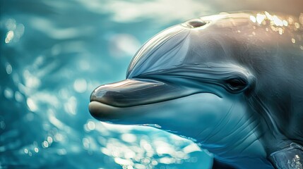 Fototapeta premium A close-up of a eye and smooth skin with a blurred ocean background. The surrounding clear water provides space for text placement.