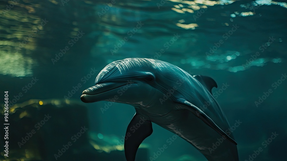 Poster a close-up of a dolphin's streamlined body with a blurred underwater background. the open space arou
