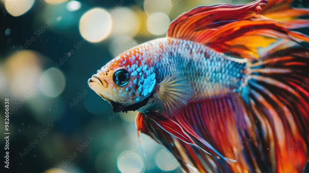 Poster a close-up of a fighting fish showcasing its vivid colors and patterns. the surrounding space in the