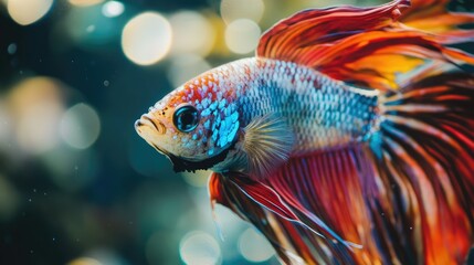 Fototapeta premium A close-up of a fighting fish showcasing its vivid colors and patterns. The surrounding space in the aquarium allows for clear text placement.