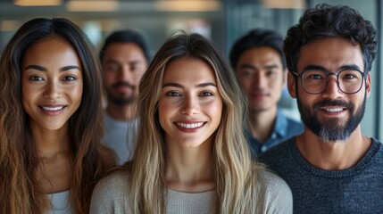 Obraz premium Collaborative Diversity Showcased in Office Setting: Five Individuals United by Smiles, Embracing Cultural Differences. Highlighting Cultural Diversity and Team collaboration concept. 
