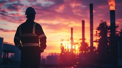Back view of a worker checking systems at power plant (close up, focus on, copy space) Vibrant sky and shining metal equipment. Double exposure silhouette with plant turbines