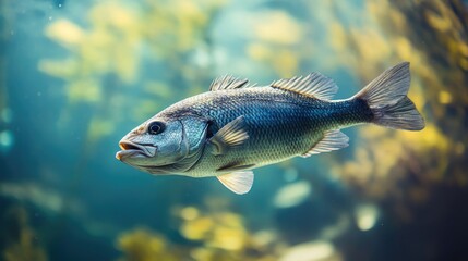 A close-up of a sea bass swimming in clear water with a blurred background. The empty space around the fish provides a great area for text.