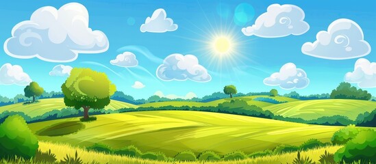 Obraz premium Countryside Landscape At Daytime Clouds And Sun