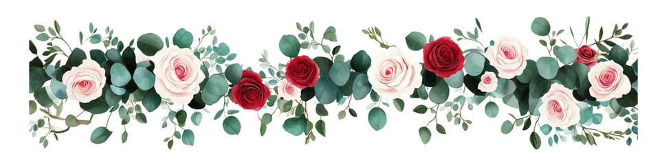 Banner roses with eucalyptus , cut out flowers, transparent background, png.