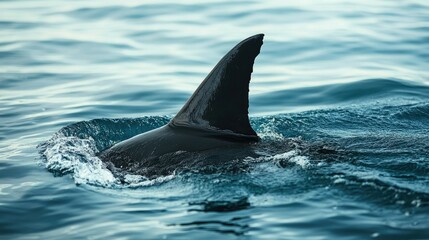 Obraz premium A close-up of a shark's dorsal fin cutting through the water. The unobstructed sea surface around the fin offers a clean backdrop for text.