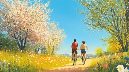 Obraz premium Couple Cycling Through a Springtime Landscape