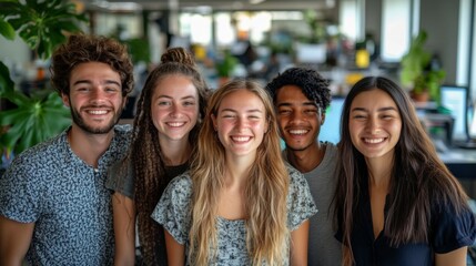 Fototapeta premium Collaborative Diversity Showcased in Office Setting: Five Individuals United by Smiles, Embracing Cultural Differences. Highlighting Cultural Diversity and Team collaboration concept. 