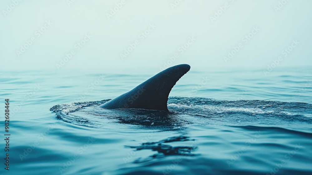 Poster a close-up of a fin cutting through the water with a blurred ocean background. the empty space aroun