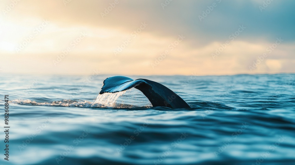 Poster a close-up of a fin cutting through the water with a blurred ocean background. the empty space aroun