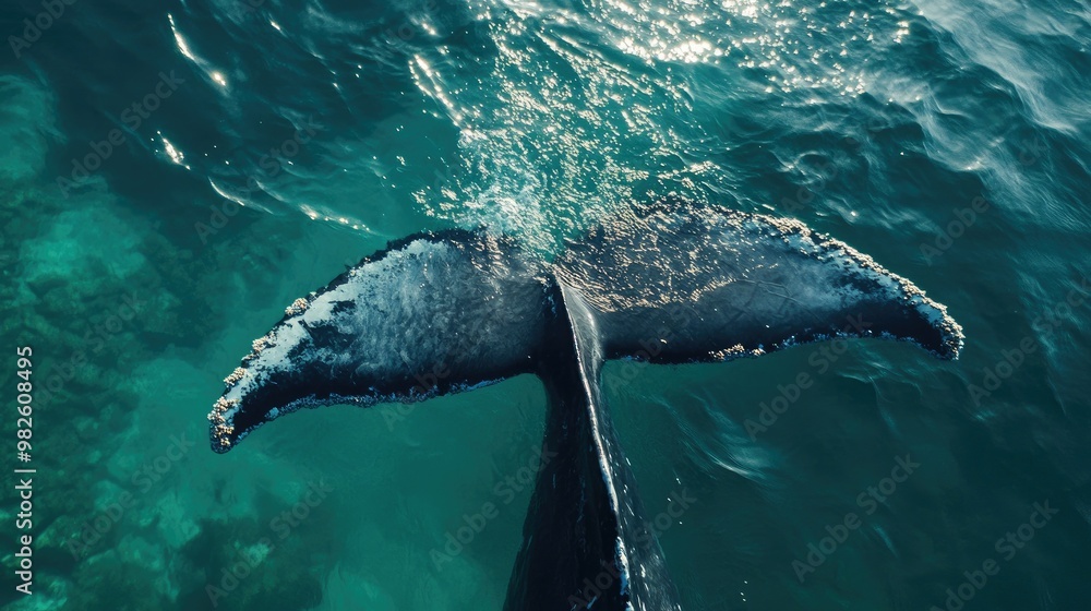 Poster a close-up of a flippers with a clear ocean backdrop. the open water space around the whale allows f