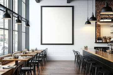 Interior of a cafe with white walls, table, chairs, wooden floor and white frame on wall. Created with Ai