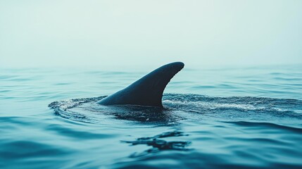 Fototapeta premium A close-up of a fin cutting through the water with a blurred ocean background. The empty space around the fin allows for text placement.