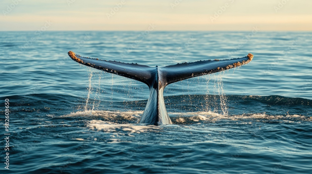 Poster a close-up of a tail fluke rising above the water with a vast, unobstructed ocean backdrop. the clea