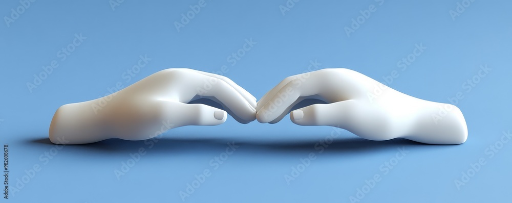 Poster two white hands reaching towards each other, symbolizing connection and unity on a soft blue backgro